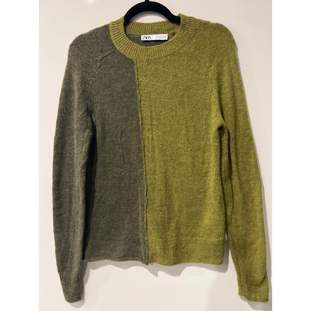 FLAW Zara Womens Alpaca Wool Blend Colorblock Crewneck Sweater Olive Moss Small
